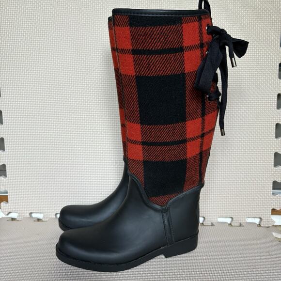 Coach Tristee Tartan Plaid Red Black Rain Boots Size EU 37 Preppy Outdoor Fall - Picture 2 of 13